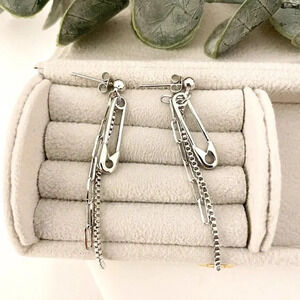 925 Sterling Silver Paperclip Earrings Chain Drop Earrings Safety Pin Earrings